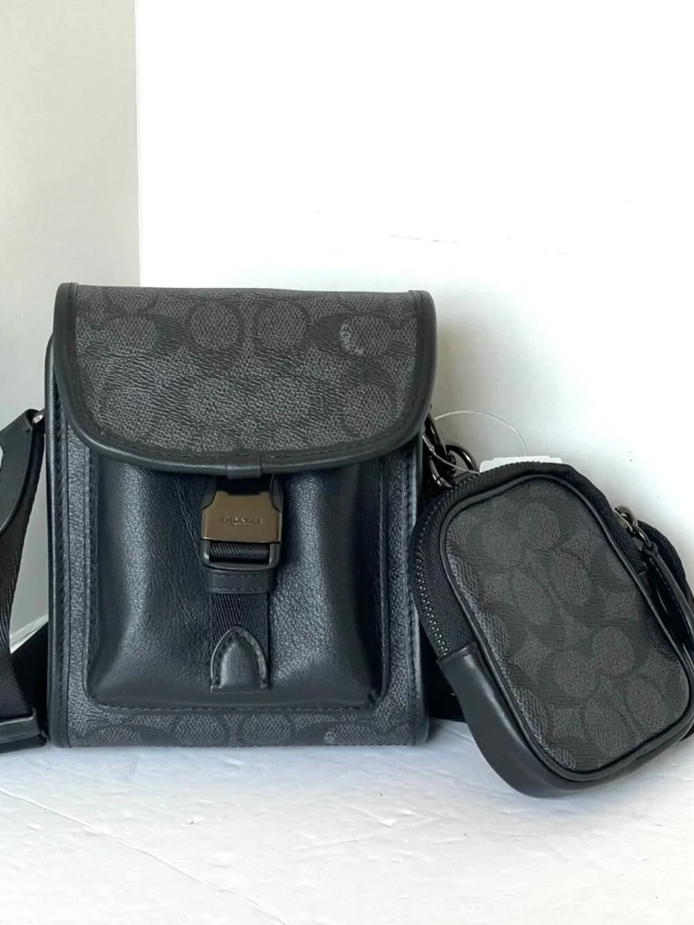 Coach Charter North South Crossbody Black Signature Canvas Hybrid Pouch C2600